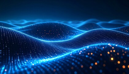 Abstract rendering of undulating waves formed by countless blue particles with scattered warm lights. Suggestive of digital networks