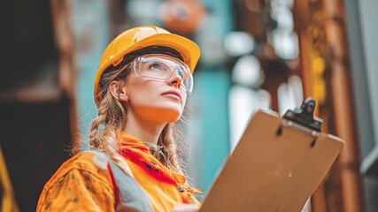 Attentive Engineer: A focused female engineer, clad in a yellow hard hat and safety glasses, meticulously reviews notes on a clipboard.