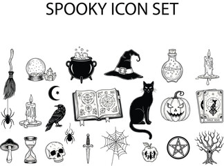Diverse spooky halloween icons collection featuring witchcraft and gothic elements for themed designs vector