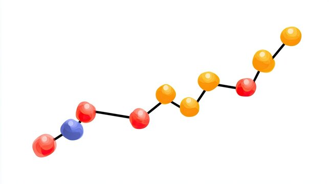 Simple chain of colorful spheres connected by lines, isolated on white background, representing a linear process or sequence.