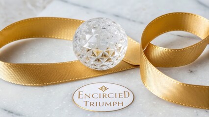 Elegant Crystal Sphere with Gold Ribbon on Marble Background