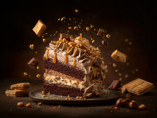 chocolate cake with layers of caramel and whipped cream, topped with caramel sauce, chocolate bars, and chopped nuts. The cake is garnished with additional caramel drizzle and is surrounded by scatter