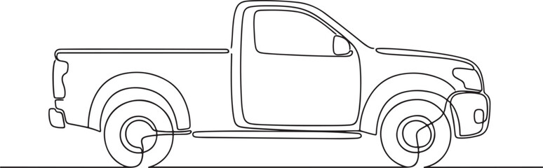 Simple black and white continuous line art illustration of a modern singlecab pickup truck side view