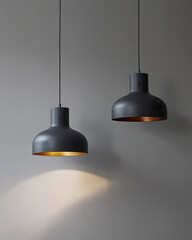 Obraz premium Pair of Dark Grey Pendant Lights with Copper Interiors