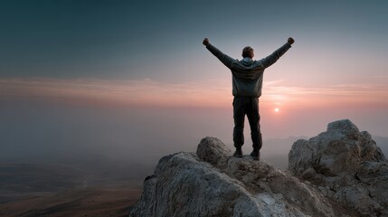 Triumphant hiker silhouette on mountain peak at sunset