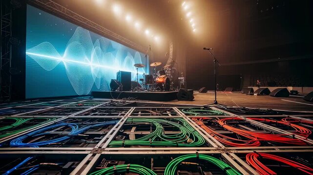 Wide shot of a concert stage with fiberoptic FOH cabling visibly integrated into the technical floor grid highlighting organized stage design.