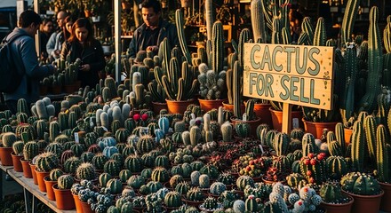 A vibrant cactus market offering a diverse selection of succulents for sale and customer exploration