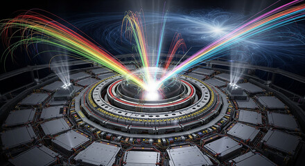 Futuristic particle accelerator creating a high-energy collision of subatomic particles, visualizing quantum physics research