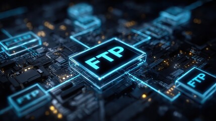File transfer protocol technology concept render featuring circuitry, computer devices, and data