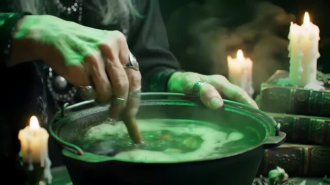 A witch stirs a bubbling green potion in a cauldron surrounded by candles and old books