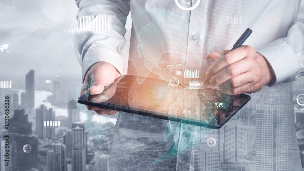 Poster a professional engages with a digital tablet, blending business and technology in a vibrant urban se