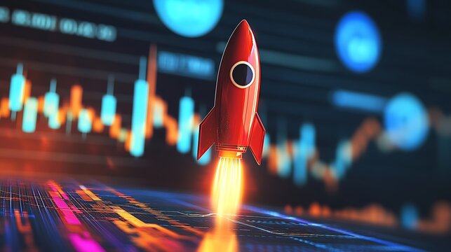Red rocket launching upwards with a glowing fiery exhaust against a blurred stock market graph background