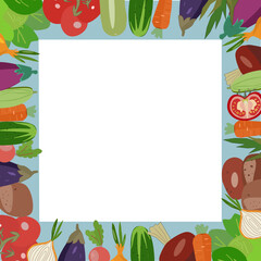 Fototapeta premium Colorful Vegetable Frame Border with Fresh Organic Food – Vector Illustration