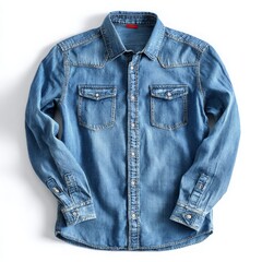 Men's Blue Denim Shirt with Long Sleeves, Isolated on a White Background
