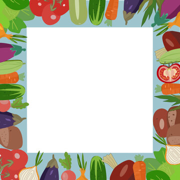  Colorful Vegetable Frame Border with Fresh Organic Food &ndash; Vector Illustration
