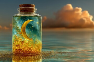 A glass jar with a gold color and a planet inside it. The jar is filled with water and has a cork stopper. Galaxy themed glass bottle with Saturn and planets inside.