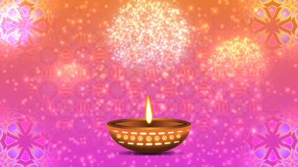 Diya oil lamp on decorated background with traditional pattern and fireworks. Concept for diwali holiday.