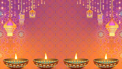 Four oil lamps on vibrant colours background with traditional pattern and Diwali holiday decoration. Copy space for diwali festival greetings and blessings.
