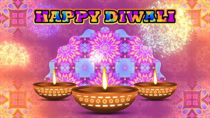 Happy diwali greetings on decorated background with traditional Indian pattern, clay lamps and fireworks. Diwali celebration background. © SC studio 