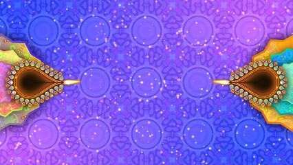 Traditional Indian art of decorating Diwali festival background with oil lamps, pattern and bright glowing particles on pink and blue gradient background.