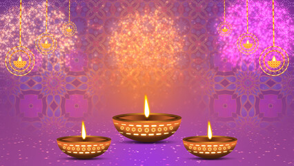 Three oil lamps on vibrant pink gradient colours, fireworks, animated traditional rangoli design and hanging decorative elements background for diwali holiday celebration.