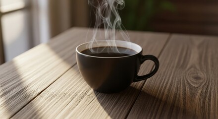 Steaming Hot Coffee Cup on a Wooden Table in Morning Sunlight