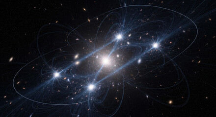 Intricate network of glowing subatomic particles representing quantum entanglement and the complex fabric of spacetime