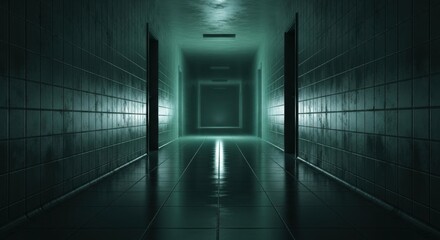 Endless Darkened Corridor with Glowing Green Light at the End