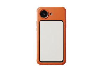A burnt orange rugged smartphone, matte textured, single circular camera, off-white inactive display, isolated on transparent background with copy space, durable outdoor communication concept