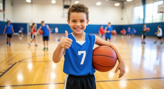 Young Boy Enthusiastically Playing Basketball and Giving Thumbs Up Gesture