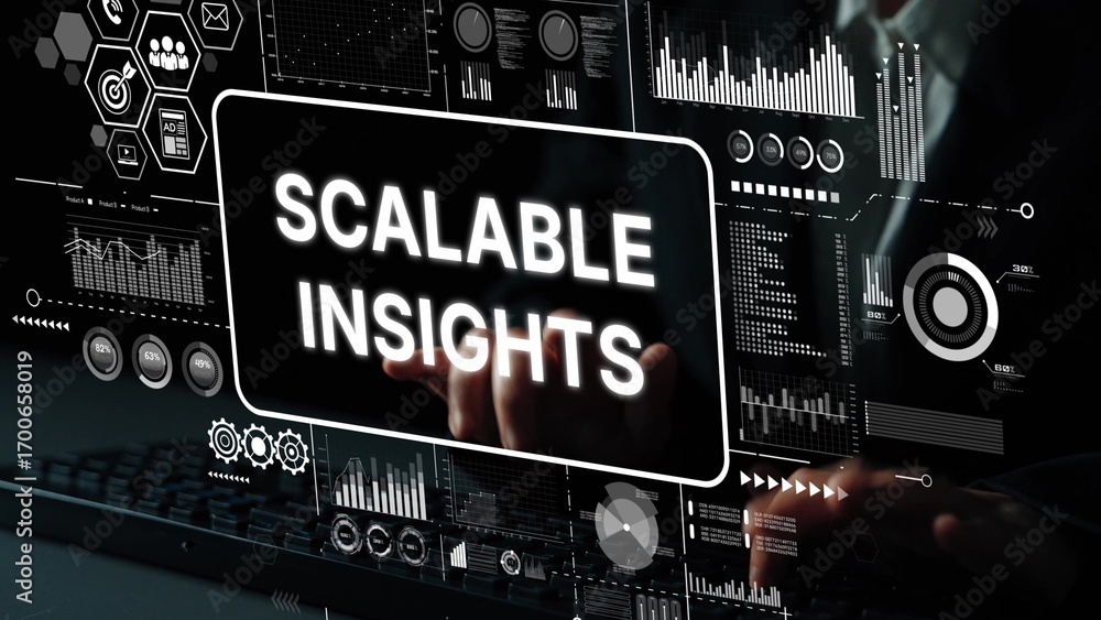Poster business professional analyzing data and scalable insights on digital screen in modern office enviro