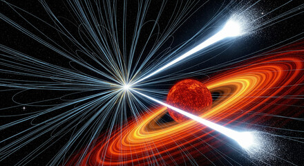 Scientific illustration of a high-energy black hole system with a swirling accretion disk and powerful relativistic jets