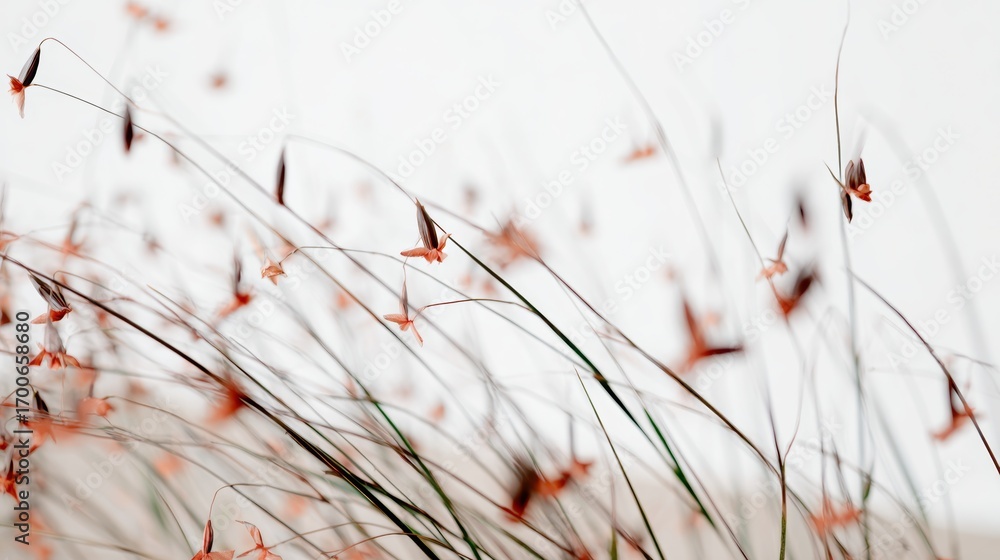 Poster close-up view of delicate juncus flowers displaying tiny brownish-green blooms against a clean white