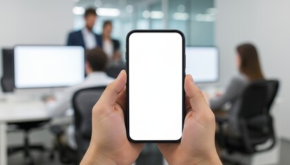 Close-up of a person&rsquo;s hands holding a smartphone with blank white screen, blurred office background, modern technology