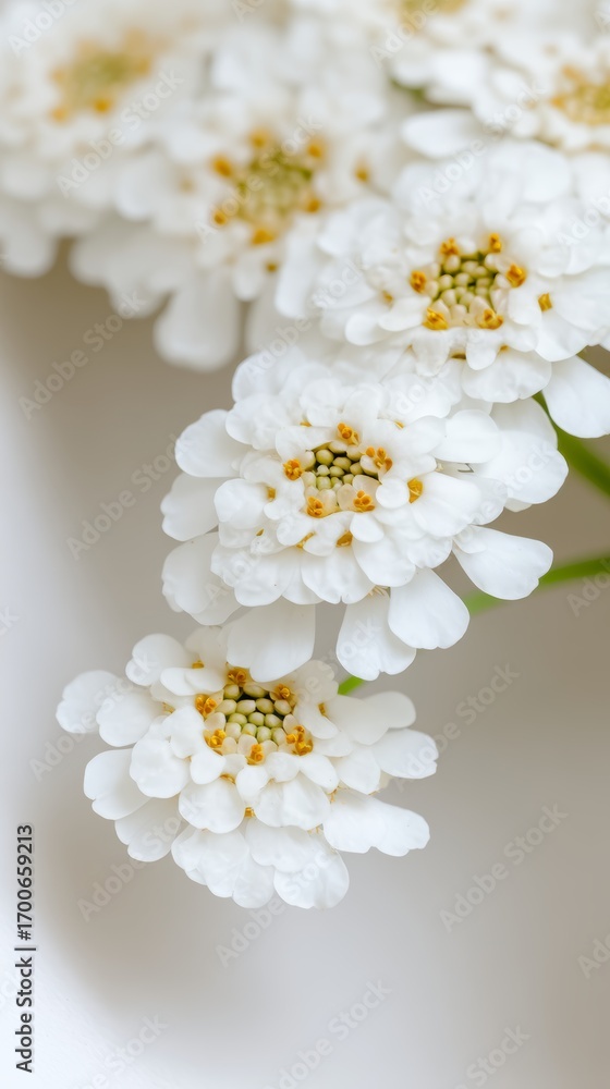 Poster delicate macro view of iberis flowers displaying small white clustered blooms against a clean white 