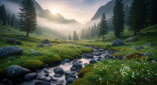 Misty Mountain Meadow Stream at Sunrise
