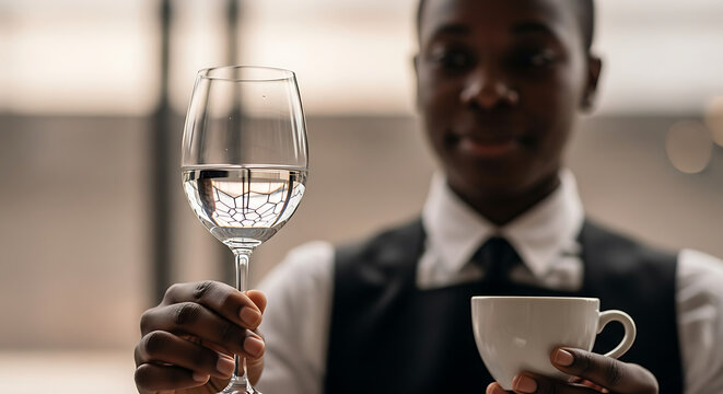 Waiter Offers Refreshments: Glass of Water and Coffee Cup, Focus on Refraction
 - Powered by Adobe
