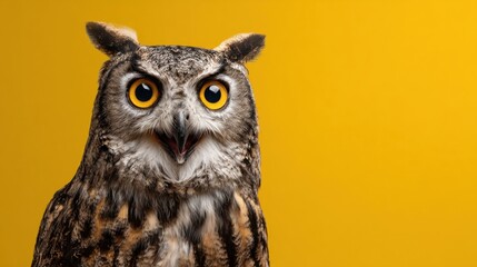 Fototapeta premium a close up of an owl with a yellow background