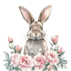 Fototapeta premium Watercolor bunny rabbit surrounded by pink roses and peonies isolated on transparent background
