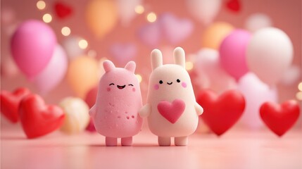 Adorable cartoon bunnies holding hands in pastel colors