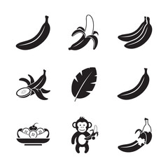 Obraz premium Collection of banana icons and illustrations in black and white silhouette style Keywords: banana, bananas, peeled banana, banana bunch, banana leaf, monkey, monkey eating