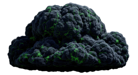 Massive turbulent cloud, sooty black and navy with acid green veins, heavy textured surface, isolated on transparent background with copy space, dramatic studio lighting, Concept of environmental