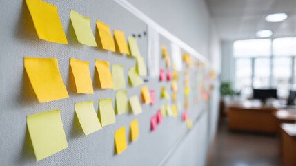 office space featuring minimalist design highlighting note board with blurred white text bars
