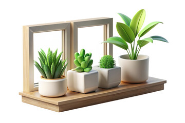 Indoor Plants and White Flowers on Wooden Shelf on transparent background- 3D rendering