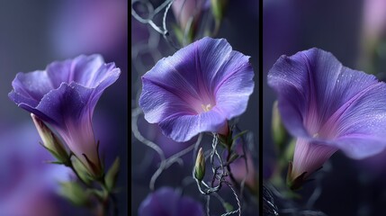 Purple Morning Glories with Dewdrops Lie Over a Silver Grey Mesh, their Petals, Buds, and Vines are Beautiful