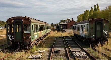 Obraz premium Abandoned railway carriages at a desolate station evoking a sense of forgotten history and decay