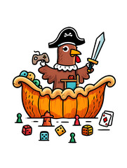 Pirate turkey sails a pie boat in thanksgiving game adventure