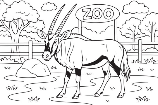 hand drawn vector doodle illustration of gemsbuck coloring page for kids line art