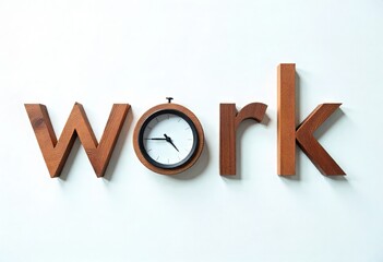 Wooden letters spelling the word 'work' with a clock integrated into the letter 'o' against a white background