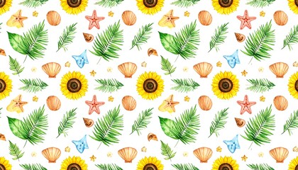 Fototapeta premium Watercolor summer pattern with seashells, palm leaves, starfish, and sunflowers
